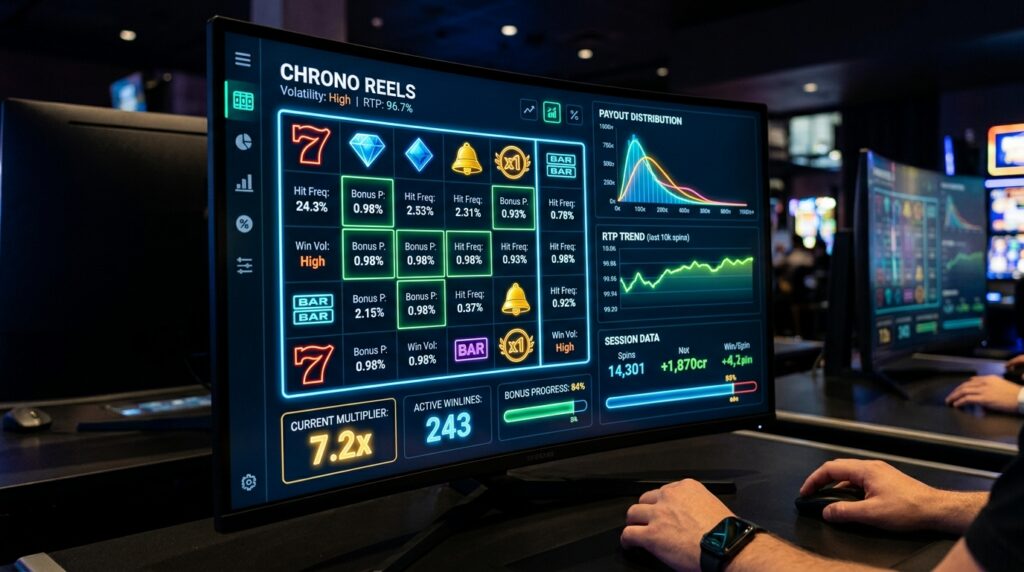 Slot machine mathematics interface displaying bonus buy RTP shifts and probability graphs