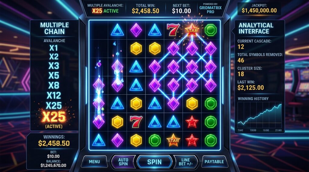 Cascading grid slot matrix with avalanche multipliers and cluster symbols analysis